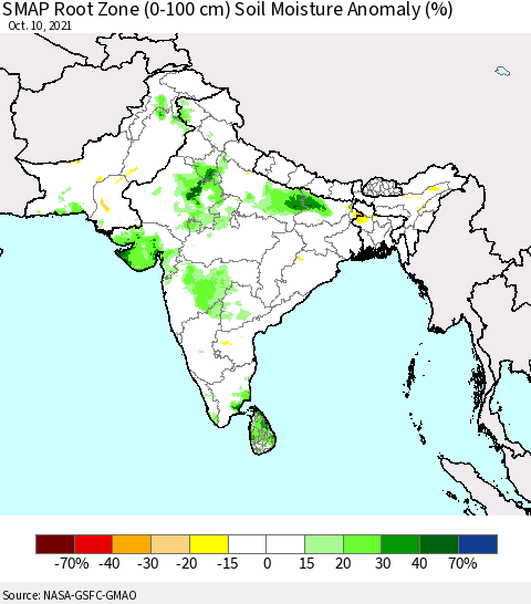 Southern Asia SMAP Root Zone (0-100 cm) Soil Moisture Anomaly (%) Thematic Map For 10/6/2021 - 10/10/2021