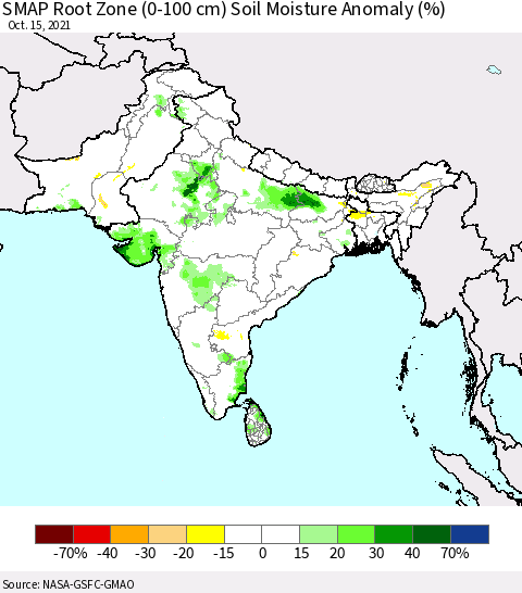 Southern Asia SMAP Root Zone (0-100 cm) Soil Moisture Anomaly (%) Thematic Map For 10/11/2021 - 10/15/2021