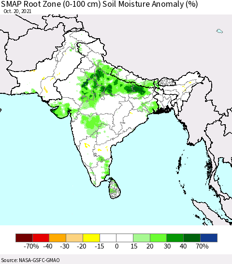 Southern Asia SMAP Root Zone (0-100 cm) Soil Moisture Anomaly (%) Thematic Map For 10/16/2021 - 10/20/2021