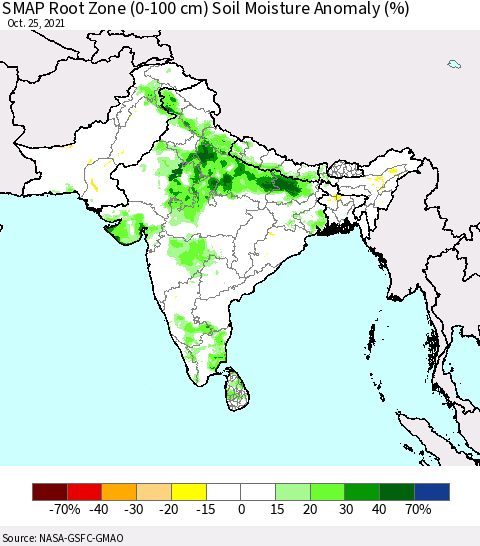 Southern Asia SMAP Root Zone (0-100 cm) Soil Moisture Anomaly (%) Thematic Map For 10/21/2021 - 10/25/2021