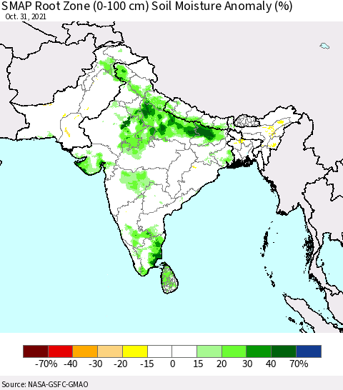 Southern Asia SMAP Root Zone (0-100 cm) Soil Moisture Anomaly (%) Thematic Map For 10/26/2021 - 10/31/2021