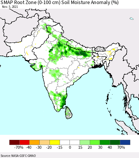 Southern Asia SMAP Root Zone (0-100 cm) Soil Moisture Anomaly (%) Thematic Map For 11/1/2021 - 11/5/2021
