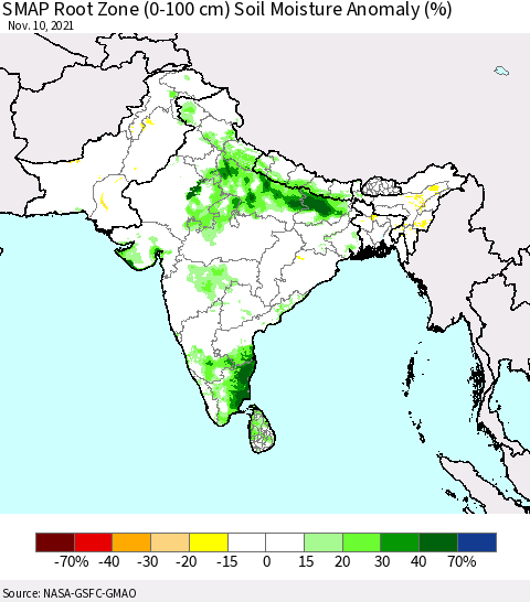 Southern Asia SMAP Root Zone (0-100 cm) Soil Moisture Anomaly (%) Thematic Map For 11/6/2021 - 11/10/2021