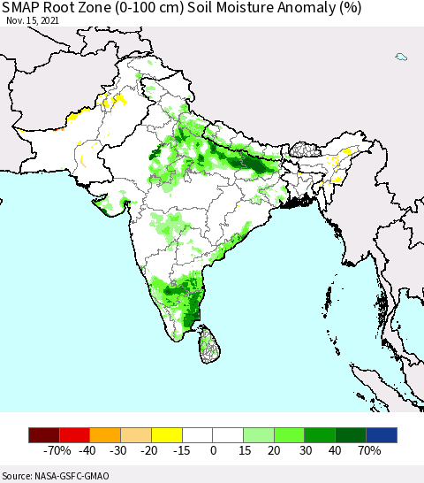 Southern Asia SMAP Root Zone (0-100 cm) Soil Moisture Anomaly (%) Thematic Map For 11/11/2021 - 11/15/2021