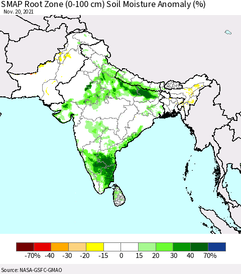 Southern Asia SMAP Root Zone (0-100 cm) Soil Moisture Anomaly (%) Thematic Map For 11/16/2021 - 11/20/2021