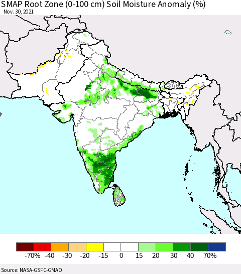 Southern Asia SMAP Root Zone (0-100 cm) Soil Moisture Anomaly (%) Thematic Map For 11/26/2021 - 11/30/2021
