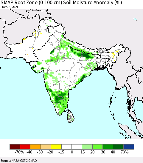 Southern Asia SMAP Root Zone (0-100 cm) Soil Moisture Anomaly (%) Thematic Map For 12/1/2021 - 12/5/2021