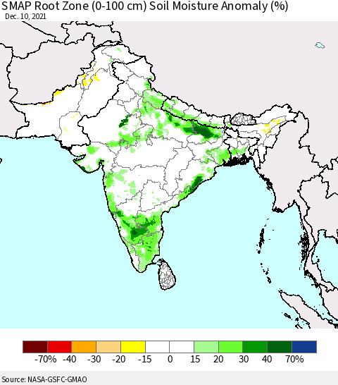 Southern Asia SMAP Root Zone (0-100 cm) Soil Moisture Anomaly (%) Thematic Map For 12/6/2021 - 12/10/2021