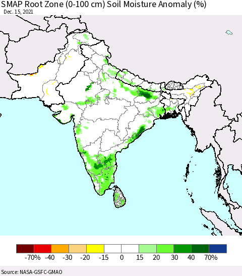 Southern Asia SMAP Root Zone (0-100 cm) Soil Moisture Anomaly (%) Thematic Map For 12/11/2021 - 12/15/2021