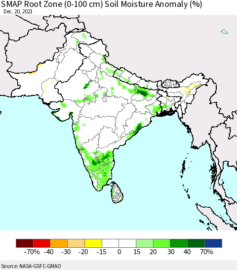 Southern Asia SMAP Root Zone (0-100 cm) Soil Moisture Anomaly (%) Thematic Map For 12/16/2021 - 12/20/2021