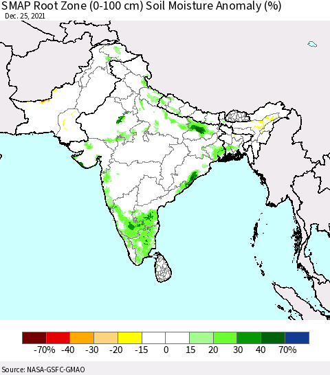 Southern Asia SMAP Root Zone (0-100 cm) Soil Moisture Anomaly (%) Thematic Map For 12/21/2021 - 12/25/2021