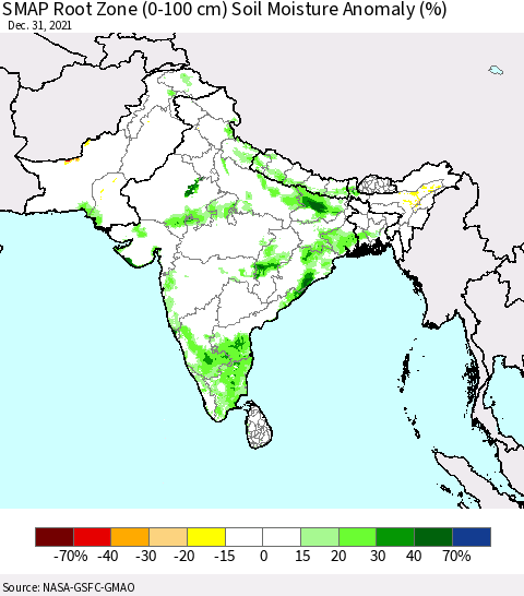 Southern Asia SMAP Root Zone (0-100 cm) Soil Moisture Anomaly (%) Thematic Map For 12/26/2021 - 12/31/2021