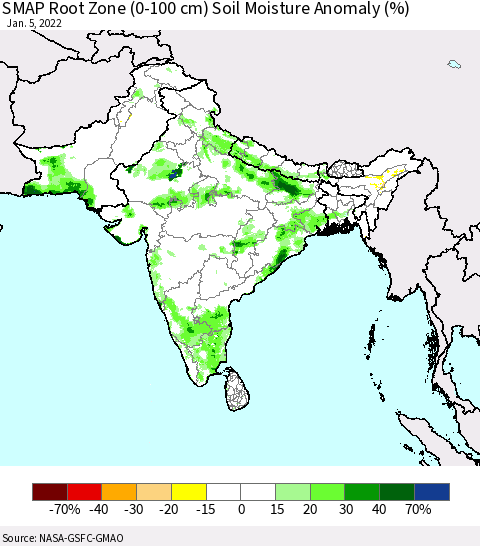 Southern Asia SMAP Root Zone (0-100 cm) Soil Moisture Anomaly (%) Thematic Map For 1/1/2022 - 1/5/2022