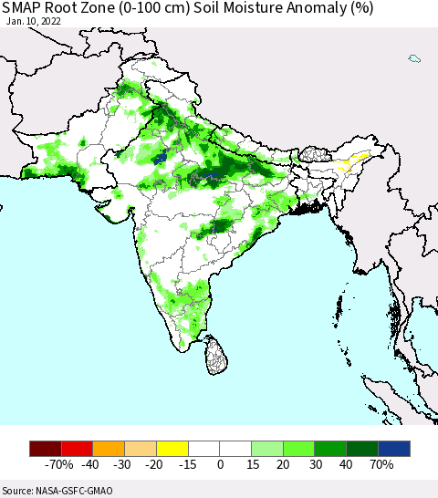 Southern Asia SMAP Root Zone (0-100 cm) Soil Moisture Anomaly (%) Thematic Map For 1/6/2022 - 1/10/2022