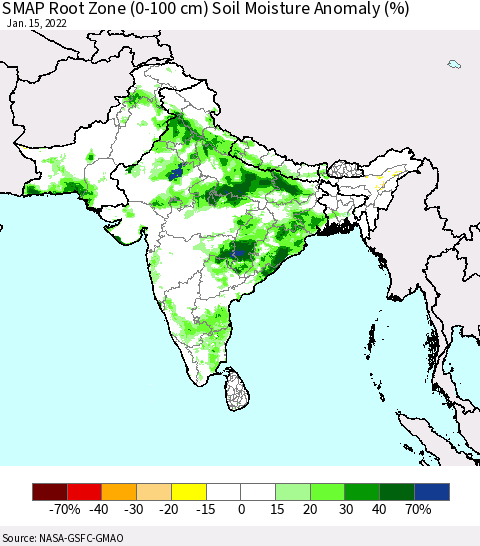 Southern Asia SMAP Root Zone (0-100 cm) Soil Moisture Anomaly (%) Thematic Map For 1/11/2022 - 1/15/2022