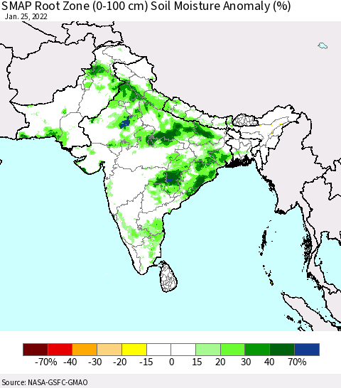 Southern Asia SMAP Root Zone (0-100 cm) Soil Moisture Anomaly (%) Thematic Map For 1/21/2022 - 1/25/2022