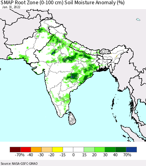Southern Asia SMAP Root Zone (0-100 cm) Soil Moisture Anomaly (%) Thematic Map For 1/26/2022 - 1/31/2022