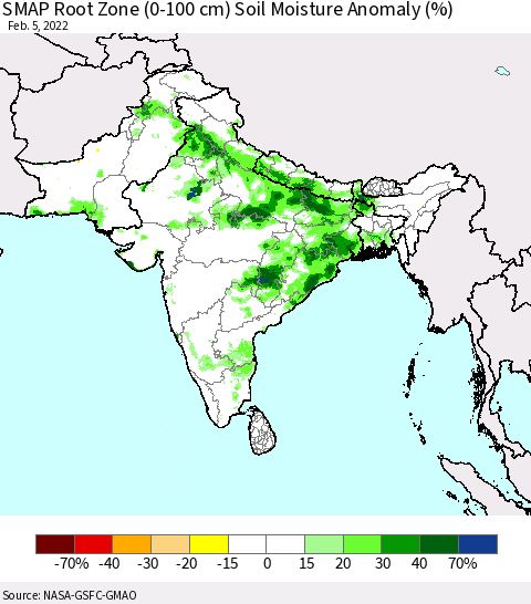 Southern Asia SMAP Root Zone (0-100 cm) Soil Moisture Anomaly (%) Thematic Map For 2/1/2022 - 2/5/2022