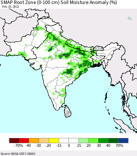 Southern Asia SMAP Root Zone (0-100 cm) Soil Moisture Anomaly (%) Thematic Map For 2/6/2022 - 2/10/2022