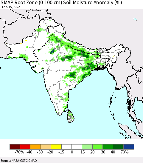 Southern Asia SMAP Root Zone (0-100 cm) Soil Moisture Anomaly (%) Thematic Map For 2/11/2022 - 2/15/2022