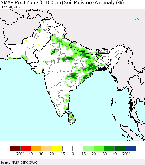 Southern Asia SMAP Root Zone (0-100 cm) Soil Moisture Anomaly (%) Thematic Map For 2/16/2022 - 2/20/2022