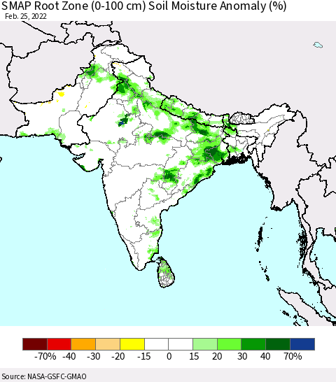 Southern Asia SMAP Root Zone (0-100 cm) Soil Moisture Anomaly (%) Thematic Map For 2/21/2022 - 2/25/2022
