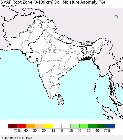 Southern Asia SMAP Root Zone (0-100 cm) Soil Moisture Anomaly (%) Thematic Map For 3/1/2022 - 3/5/2022