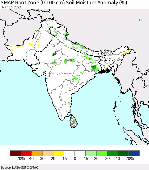 Southern Asia SMAP Root Zone (0-100 cm) Soil Moisture Anomaly (%) Thematic Map For 3/11/2022 - 3/15/2022