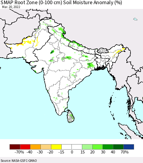 Southern Asia SMAP Root Zone (0-100 cm) Soil Moisture Anomaly (%) Thematic Map For 3/16/2022 - 3/20/2022