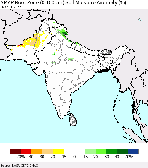 Southern Asia SMAP Root Zone (0-100 cm) Soil Moisture Anomaly (%) Thematic Map For 3/26/2022 - 3/31/2022