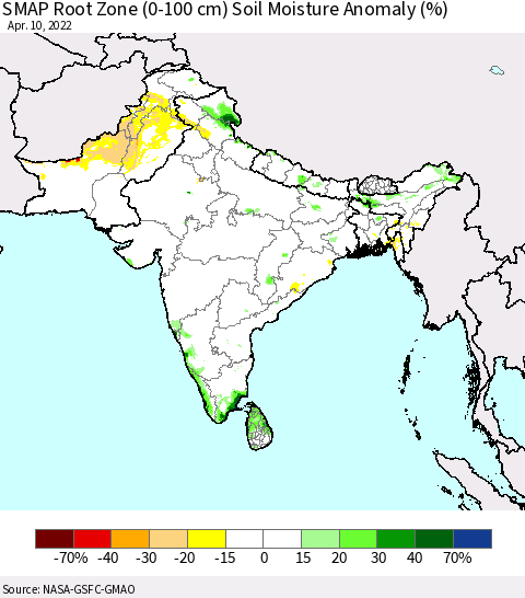 Southern Asia SMAP Root Zone (0-100 cm) Soil Moisture Anomaly (%) Thematic Map For 4/6/2022 - 4/10/2022