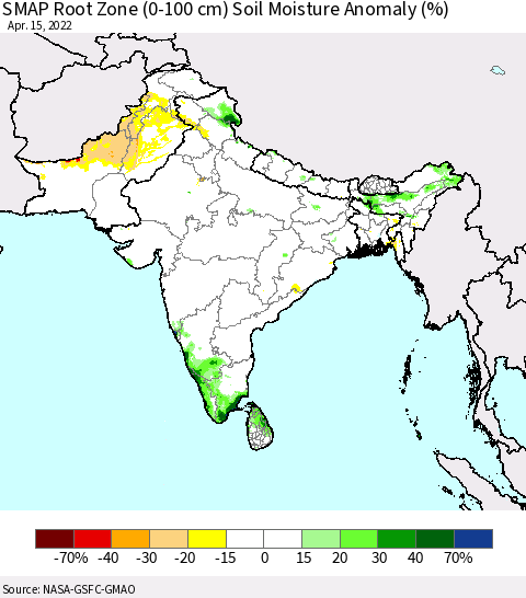 Southern Asia SMAP Root Zone (0-100 cm) Soil Moisture Anomaly (%) Thematic Map For 4/11/2022 - 4/15/2022