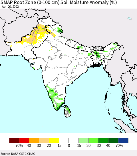 Southern Asia SMAP Root Zone (0-100 cm) Soil Moisture Anomaly (%) Thematic Map For 4/16/2022 - 4/20/2022