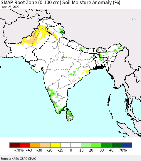 Southern Asia SMAP Root Zone (0-100 cm) Soil Moisture Anomaly (%) Thematic Map For 4/21/2022 - 4/25/2022
