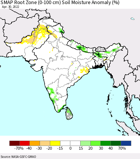 Southern Asia SMAP Root Zone (0-100 cm) Soil Moisture Anomaly (%) Thematic Map For 4/26/2022 - 4/30/2022