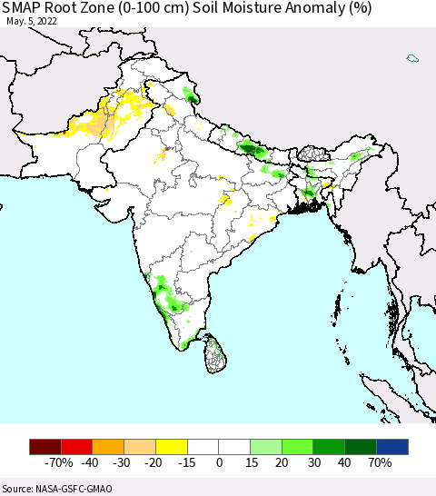 Southern Asia SMAP Root Zone (0-100 cm) Soil Moisture Anomaly (%) Thematic Map For 5/1/2022 - 5/5/2022