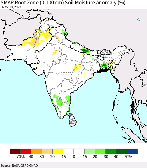 Southern Asia SMAP Root Zone (0-100 cm) Soil Moisture Anomaly (%) Thematic Map For 5/6/2022 - 5/10/2022