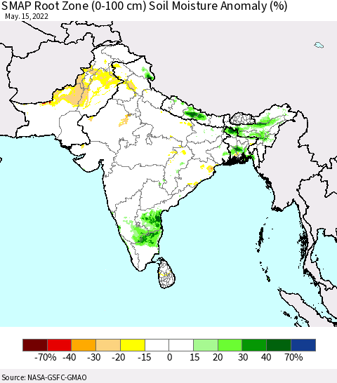 Southern Asia SMAP Root Zone (0-100 cm) Soil Moisture Anomaly (%) Thematic Map For 5/11/2022 - 5/15/2022