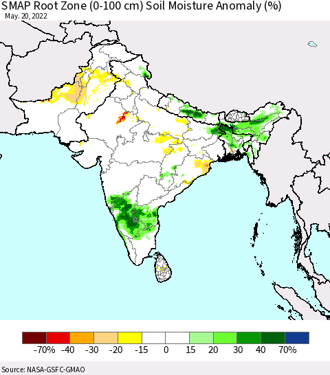 Southern Asia SMAP Root Zone (0-100 cm) Soil Moisture Anomaly (%) Thematic Map For 5/16/2022 - 5/20/2022