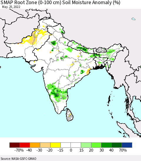 Southern Asia SMAP Root Zone (0-100 cm) Soil Moisture Anomaly (%) Thematic Map For 5/21/2022 - 5/25/2022