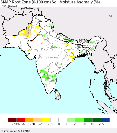 Southern Asia SMAP Root Zone (0-100 cm) Soil Moisture Anomaly (%) Thematic Map For 5/26/2022 - 5/31/2022
