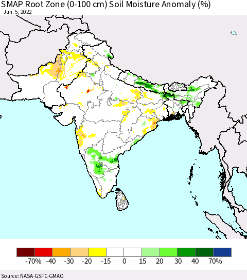 Southern Asia SMAP Root Zone (0-100 cm) Soil Moisture Anomaly (%) Thematic Map For 6/1/2022 - 6/5/2022