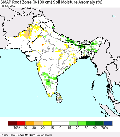 Southern Asia SMAP Root Zone (0-100 cm) Soil Moisture Anomaly (%) Thematic Map For 6/1/2022 - 6/5/2022