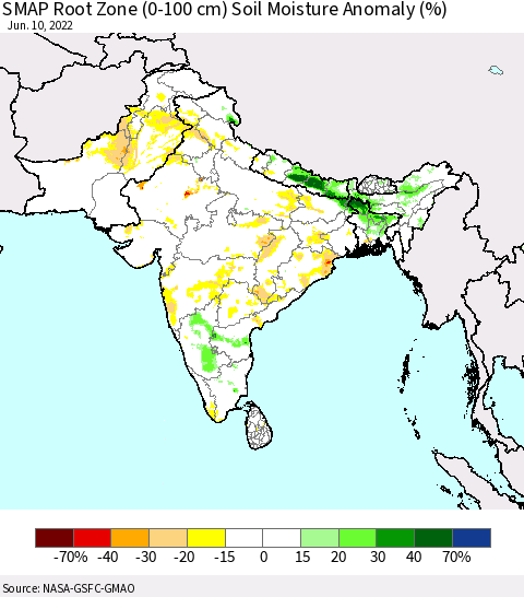 Southern Asia SMAP Root Zone (0-100 cm) Soil Moisture Anomaly (%) Thematic Map For 6/6/2022 - 6/10/2022