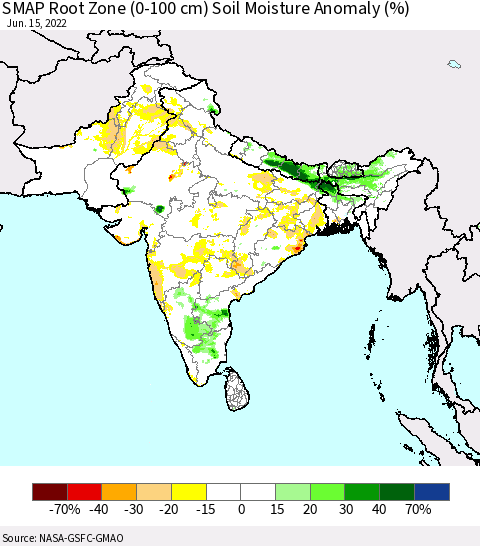 Southern Asia SMAP Root Zone (0-100 cm) Soil Moisture Anomaly (%) Thematic Map For 6/11/2022 - 6/15/2022