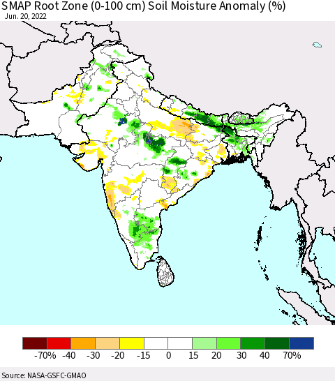 Southern Asia SMAP Root Zone (0-100 cm) Soil Moisture Anomaly (%) Thematic Map For 6/16/2022 - 6/20/2022