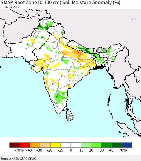 Southern Asia SMAP Root Zone (0-100 cm) Soil Moisture Anomaly (%) Thematic Map For 6/21/2022 - 6/25/2022