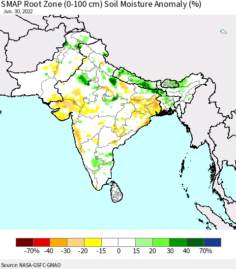 Southern Asia SMAP Root Zone (0-100 cm) Soil Moisture Anomaly (%) Thematic Map For 6/26/2022 - 6/30/2022