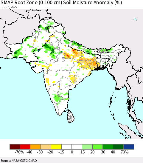 Southern Asia SMAP Root Zone (0-100 cm) Soil Moisture Anomaly (%) Thematic Map For 7/1/2022 - 7/5/2022