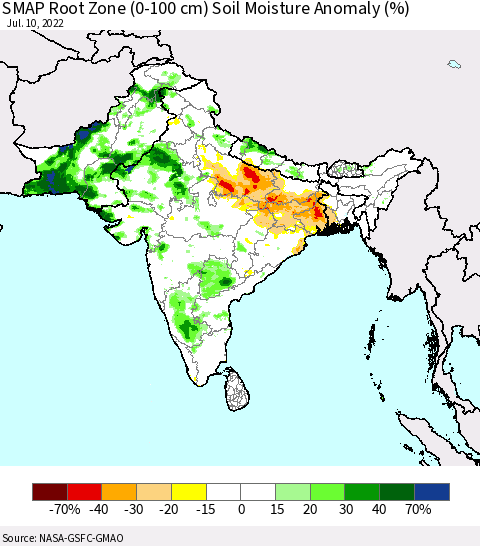 Southern Asia SMAP Root Zone (0-100 cm) Soil Moisture Anomaly (%) Thematic Map For 7/6/2022 - 7/10/2022
